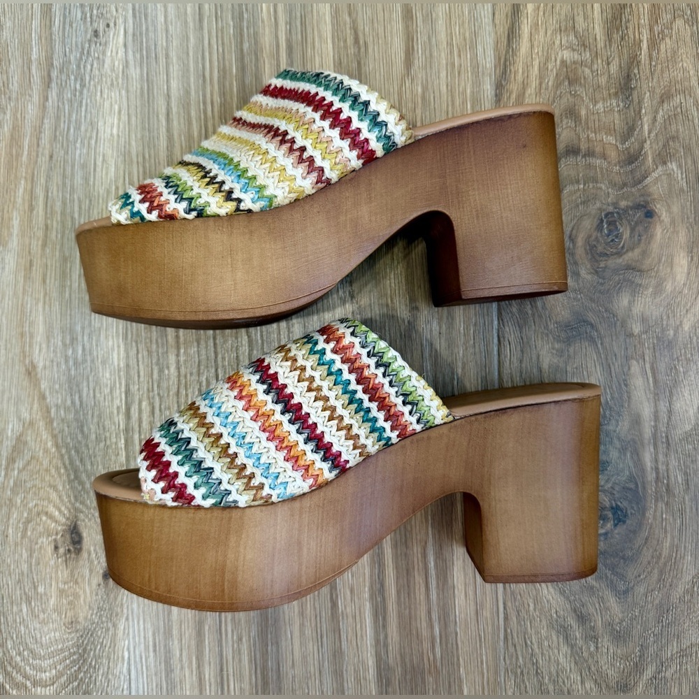 Lulus Laryssa Beige Multi Woven Peep-Toe Platform Mules - Size 8 NWOT - Picture 6 of 7